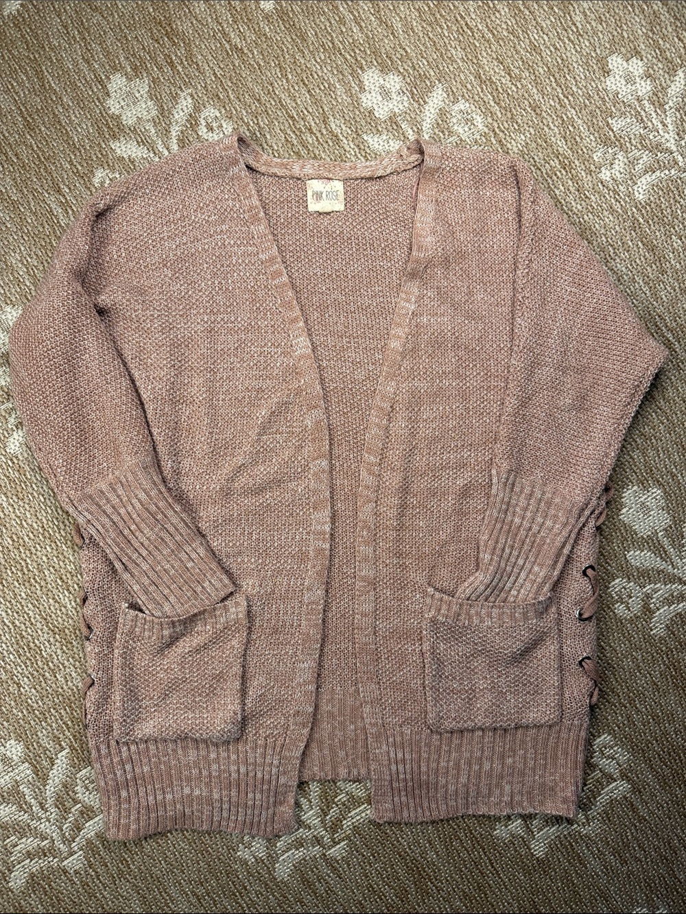 Pink Rose Mauve Open-Front Knit Cardigan with Side Lace-Up
